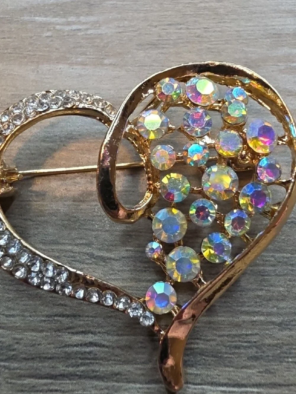 Gold Heart Brooch with Iridescent Crystals - Women Jewelry
